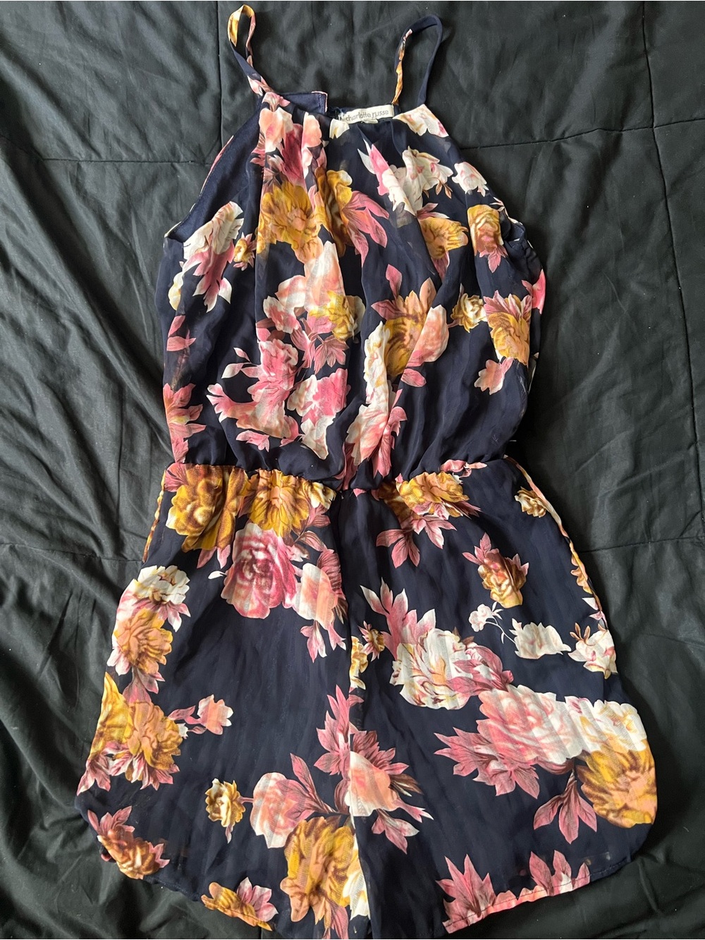 Charlotte Russe Navy Floral Halter Romper with Pink & Yellow Blooms